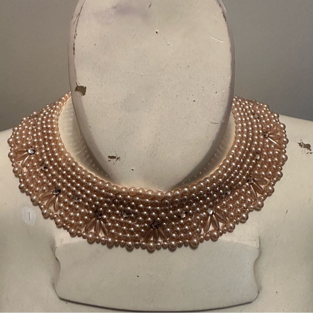 Vintage 1950's Beaded Collar Layered Faux Pearl Beads Necklace Costume Jewelry